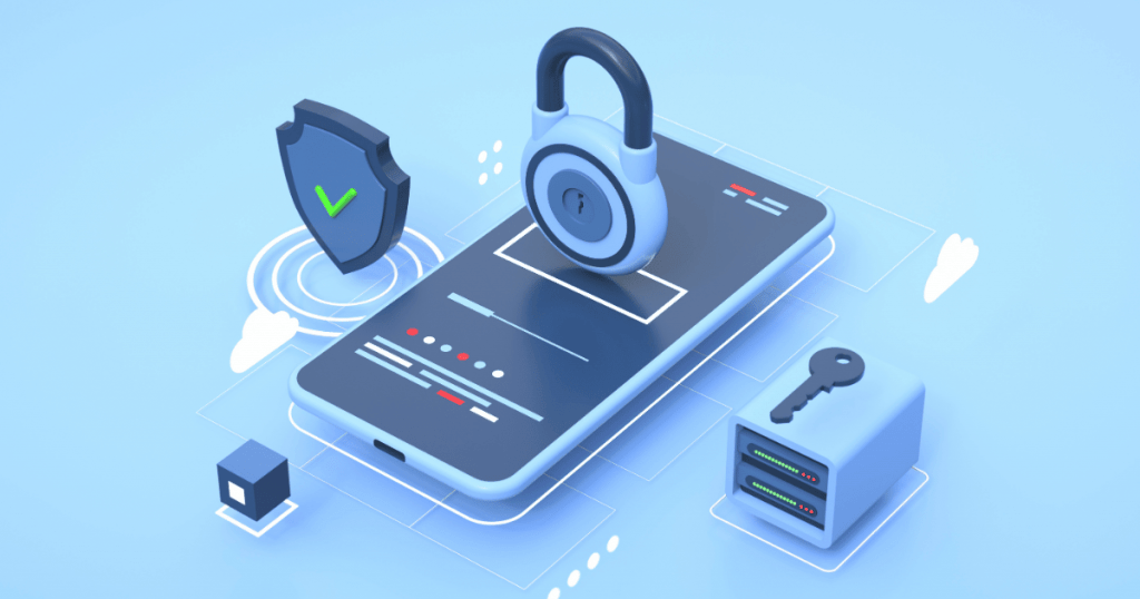 Illustration of a phone, protection shield, and lock